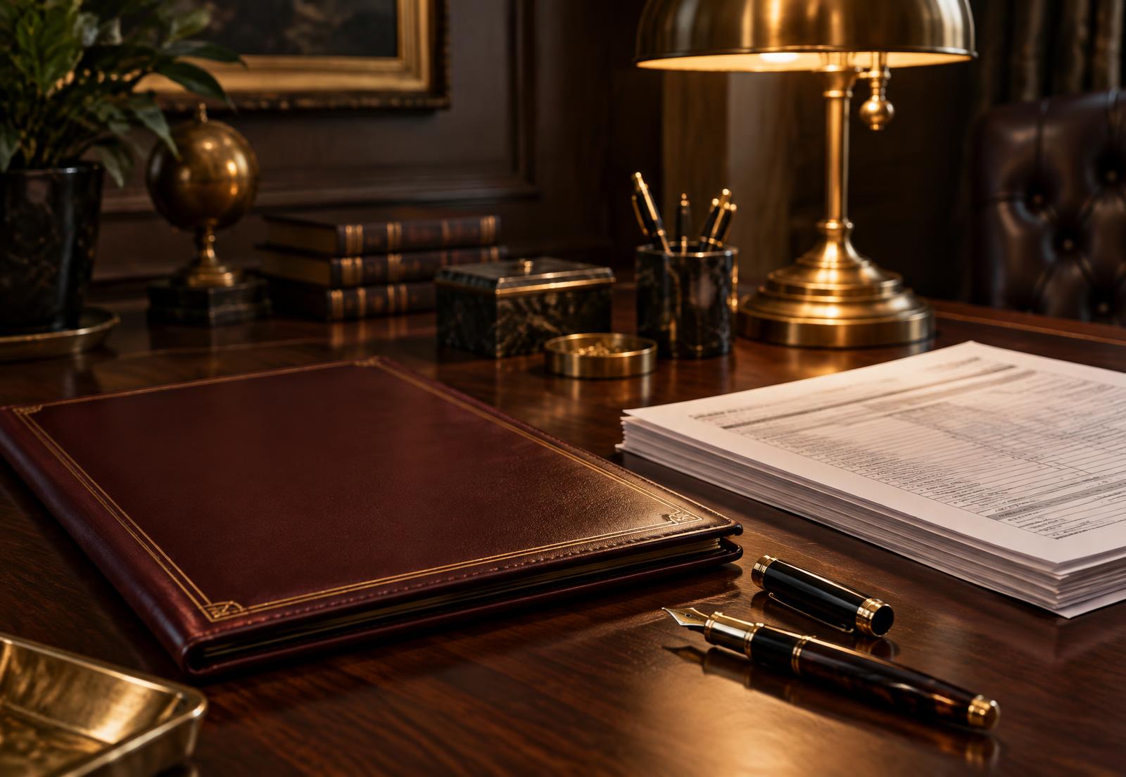 Burgundy leather portfolio, fountain pen, and tax forms on an executive desk